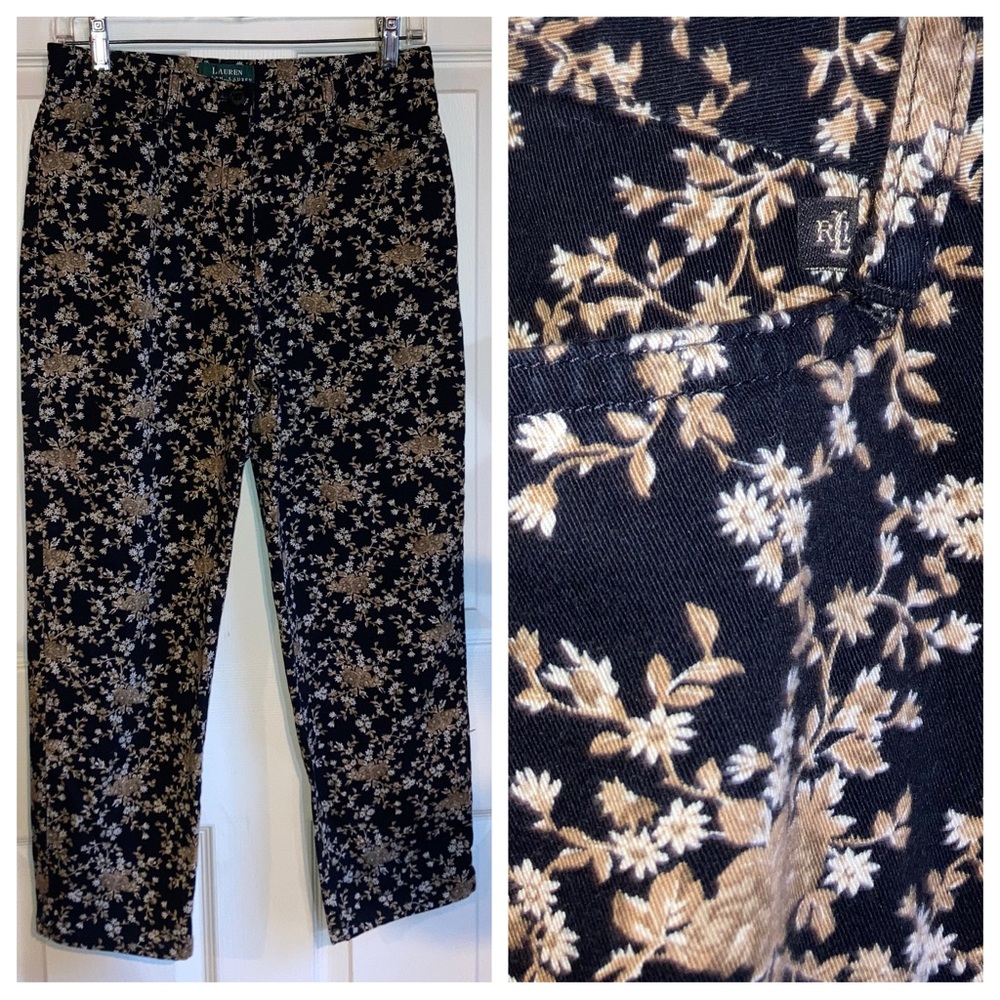 Ralph Lauren LRL Dark Floral Cotton Denim Crop Jeans Autumn Fall sz 8 Petite